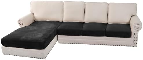 H.VERSAILTEX Velvet Stretch Sectional Couch Covers 4 Pieces Sofa Seat Cushion Covers L Shape Separate Cushion Couch Chaise Cover for Both Left/Right Couch (Large Sofa 3 Seater + 1 Chaise, Black) by HVERSAILTEX