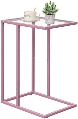 C Shaped End Table, Side End Tables for Living Room,Glass Sofa Couch Table with Metal Frame, Small Tv Tray Snack Dinner Table for Bedroom, Small Spaces, Easy Assembly (Pink) by Easy+Paws