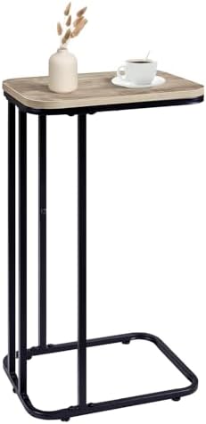 KJGKK C Shaped End Table, 27 Inches High Small Side Table for Sofa and Bed, Couch Table That Slides Under, Tall Tv Tray Table for Living Room, Bedroom, Metal Frame, Greige & Black by KJGKKHOME