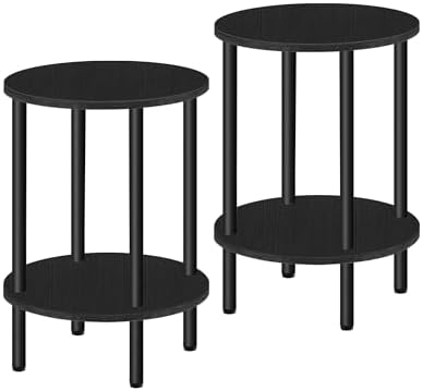 CHOEZON Side Table Set of 2, 2-Tier Round End Table, Small Nightstand with Sturdy Metal Tube, Industrial Coffee Table, for Living Room, Bedroom, Black TBZ01P2BB by Choezon