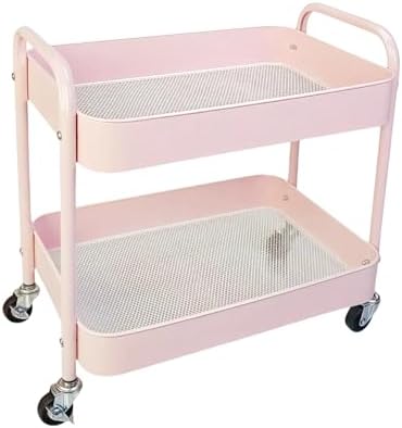 2 Tier Pink Rolling Cart with Wheels for Under Desk Storage, Large Capacity Rolling Pantry & Kitchen Storage Cart for Small Space, Sturdy Metal Bathroom Shelf Laundry Room Organization by LIWNYRK