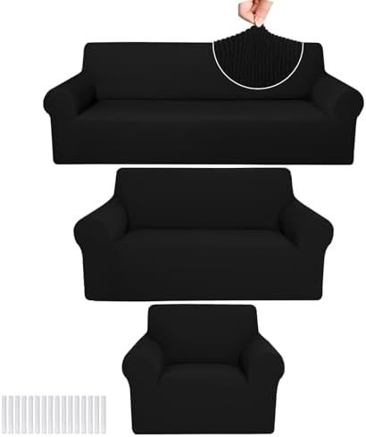 Peryiter 3 Pcs Couch and Loveseat Sofa Covers,Black,Fleece by Peryiter