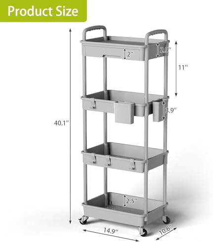 Sorgion 4 Tier Rolling Cart Organizer,Art Craft Diaper Bedside Snack Laundry Room Bathroom Organizer Narrow Thin Slim Rolling Trolley Utility Cart with Wheels for Kitchen,Office(Grey) - Image 3
