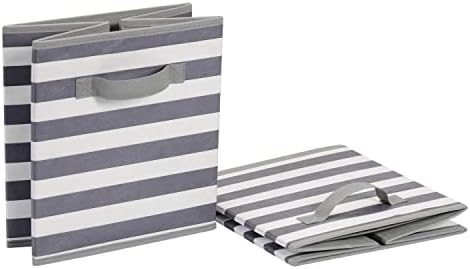 Amazon Basics Collapsible Fabric Storage Bins with Handles, Cube Organizer for Home Organization, 10.5"x10.5"x11", White/Light Grey Stripe, 6-Pack - Image 4