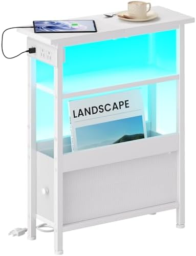 Narrow White Side Table with Charging Station and LED Light, End Table by Cresohom