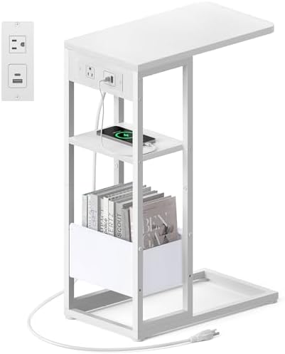 C Shaped End Table with Charging Station, Small Side Table for Couch Recliner, Slide Under Sofa Desk Snack Tables with Storage Bag & AC / USB Outlet, Small Spaces Drink Tables for Living Room, Bedroom by designyourhome