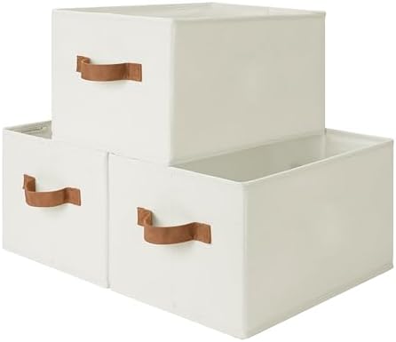 StorageWorks Closet Storage Bins with PU Handles, Ivory White, Large by StorageWorks