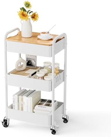 3-Tier Rolling Cart with Table Top, Metal Utility Cart on Wheels by Johgee