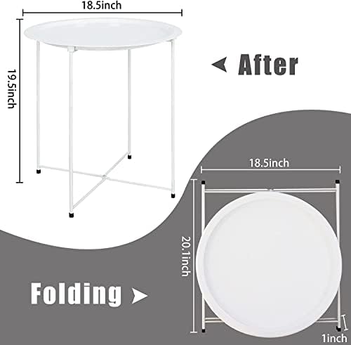Garden 4 you End Table Metal Side Table Round Folding Tray Cyan Sofa Small Accent Fold-able Table, Round End Table Tray, Next to Sofa Table, Snack Table for Living Room and Bed Room,White - Image 3
