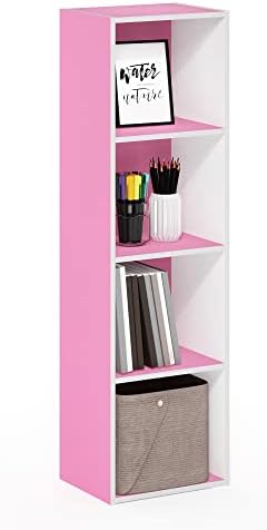 Furinno PASIR Book Shelf, 4-Tier Modern Bookshelf, Open Shelves Bookcase 9 x 12 x 42, Easy Assembly, for Living Room, Bedroom, Home Office, Pink/White by Furinno-FitsYourSpaceFitsYourBudget