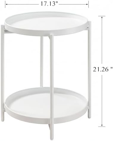 TeoKJ 2 Tier Round Side Table, Folding Round Metal End Table Small Nightstand with Two Removable Tray for Bedroom Living Room Bedside Small Spaces White - Image 3