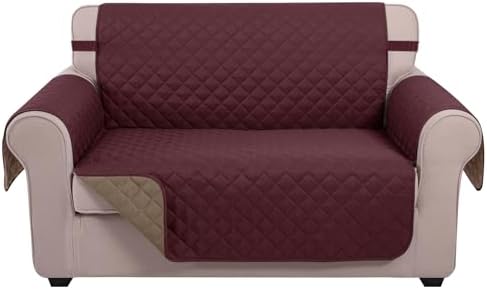 U-NICE HOME Loveseat Sofa Cover for 2 Cushion Couch, Burgundy/Tan by U-NICEHOME