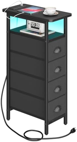 sthmec Side Table with Charging Station, Narrow End Table with 4 Drawers, LED Nightstands with Fabric Drawers,Slim Sofa Couch Side Tables for Small Spaces,Living Room,Bedroom, Black by Unknown