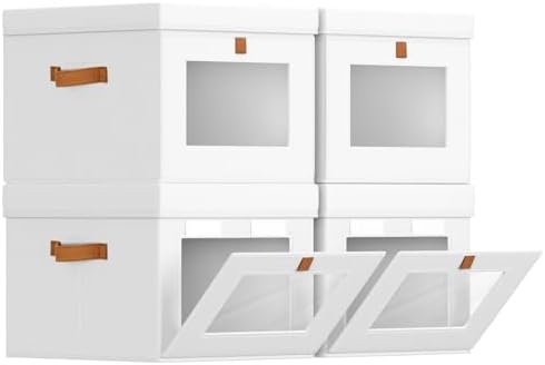 Homsorout Storage Bins with Lid – Closet Organizer with Side Opening and Clear Window, Foldable Stackable Fabric Basket for Clothes, Home, Office - 13.77" x 11.8" x 9.8", 4 Pack, White by Homsorout