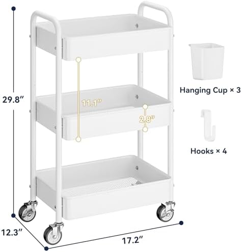 YASONIC 3 Tier Rolling Cart, Heavy Duty Metal Utility Cart with Wheel White - Image 6