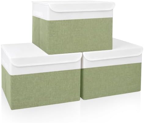 Large 17" 42 Quarts Collapsible Stackable Storage Bins with Lids [3-Pack] Foldable Fabric Linen Storage Boxes Cube, Closet Organizer Baskets with Label for Home (16.7 x 12 x 12", Green & White) by Bagnizer
