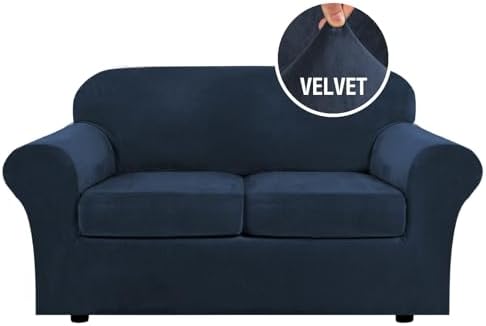 H.VERSAILTEX Real Velvet Plush 3 Piece Stretch Sofa Covers Couch Covers for 2 Cushion Couch Loveseat Covers Width Up to 72 Inch Feature Thick Soft Stay in Place (Medium Sofa, Navy) by HVERSAILTEX