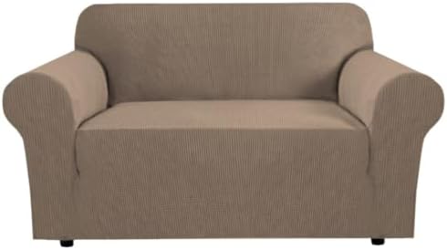 H.VERSAILTEX Stretch Couch Cover Loveseat Covers for 2 Cushion Couch Sofa Slipcover for Love Seat 1 Piece with Elastic Bottom, Checked Jacquard Fabric(Loveseat 58"-70" Wide, Macchiato) by HVERSAILTEX