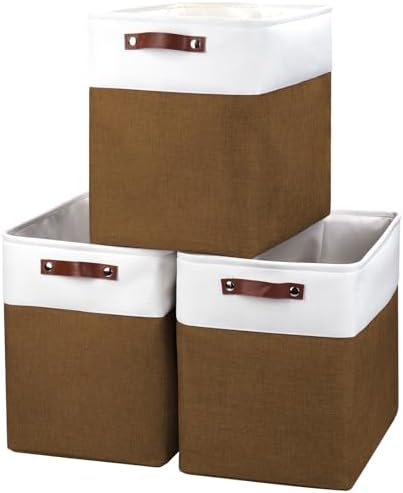 Bagnizer Large Fabric Storage Baskets | 50L Storage Bins, Decorative Linen Closet Baskets with Handles for Organizing, Shelf, Toys, Clothes, Home, Office, Nursery, 17x12x15Inches (Brown&White) by Bagnizer