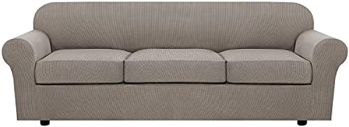 H.VERSAILTEX 4 Piece Stretch Sofa Covers for 3 Cushion Couch Covers for Living Room Furniture Slipcovers (Base Cover Plus 3 Seat Cushion Covers) Upgraded Thicker Jacquard Fabric (XL Sofa, Taupe) by HVERSAILTEX
