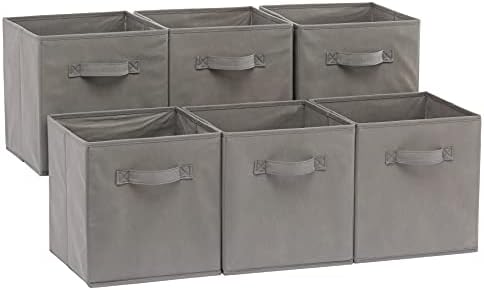 Amazon Basics Collapsible Fabric Storage Cubes Organizer with Handles, Sturdy, Foldable, Space-Saving, 10.5"x10.5"x11", Gray, 6-Pack by AmazonBasics