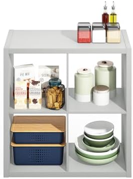 Furinno HERMITE Kitchen Island, 4-Cube Coffee Bar, Extra Thick Kitchen Storage, Bakers Rack, for Pantry Organizers and Storage, Kitchen Organization, Light Grey - Image 6
