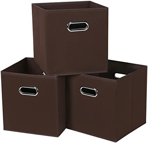 Black Fabric Cubby Storage Bins,13x13x13 Inches ,Cube Organizer Bin Foldable Storage Boxes with Dual Handles Fabric Organizer Box and collapsible Storage basket,Set of 3,Coffee by Yunkeeper