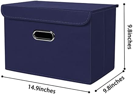 Linen Fabric Foldable Collapsible Storage Cube Bin Organizer Basket Fabric Storage Bins with Lid, Leather Handles, Removable Divider for Home, Closet,Navy Blue 3Pcs - Image 2