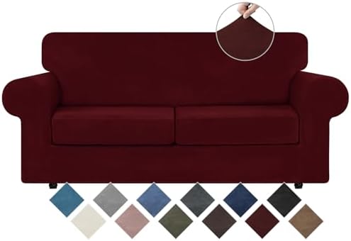 WEERRW Velvet Stretch 3 Pieces Couch Cover for Sofa Washable, Burgundy by WEERRW