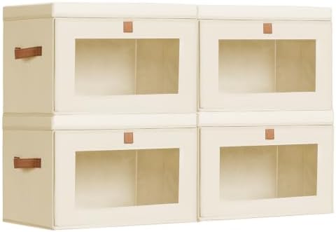 Homsorout Storage Bins with Lids - Front Opening Storage Box with Clear Window & Handles, Stackable Foldable Fabric Bins for Closet Organization, Clothes, Sweaters, Towels, Blankets, 4 Pack, Beige by Homsorout