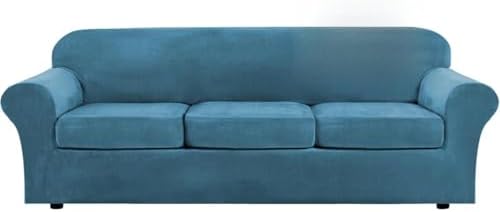 H.VERSAILTEX High Stretch Sofa Slipcover 4 Piece Cover Velvet Furniture Protector Form Fit Thick Velvet Extra Large Sofa Cover for 3 Cushion Couch Width Up to 97 Inch (Large Sofa, Peacock Blue) by HVERSAILTEX