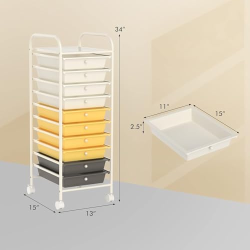 10-Drawer Rolling Storage Cart, Trolley w/Lockable 360° Wheels, 10 Removable PP Drawers, Sturdy Metal Frame, Rolling Utility Cart Perfect for Home, Office, Classroom (Yellow) - Image 3