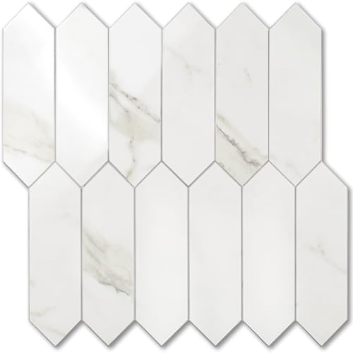 Vamos Tile Glossy White Marble Backsplash Tile Peel and Stick, 12.8 x 12.8 Inch 10 Sheets Long Hexagon PVC Self Adhesive Mosaic Wall Tiles Stick on Backsplash for Kitchen and Bathroom by VamosTile