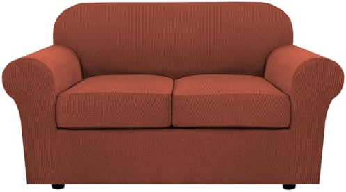 H.VERSAILTEX 3 Piece Stretch Sofa Covers for 2 Cushion Loveseat Couch Covers for Living Room Sofa Slipcovers (Base Cover Plus 2 Seat Cushion Covers) Thicker Jacquard Fabric(Medium Sofa, Rust) by HVERSAILTEX