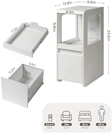 White Narrow Side Table, Slim End Table with Charging Station - Image 2