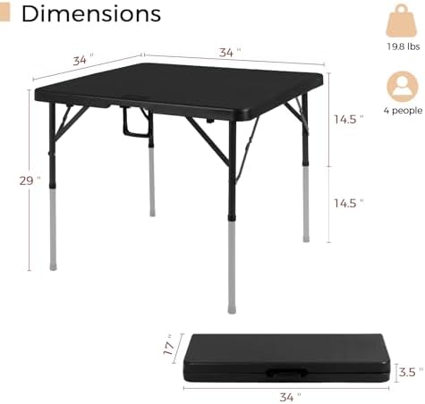 pollilar 34" Folding Card Table Square Portable with Detachable Legs Black - Image 3