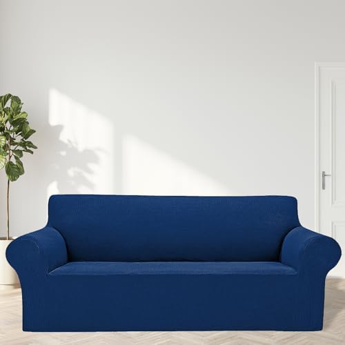 Cupuamon 2026 New Stretch Sofa Slipcovers Couch Cover for 3 Cushion Furniture Protector Sofa Covers with Elastic Bottom Jacquard Fabric Small Checks for Pets, Kids -Sofa, Classic Blue - Image 3