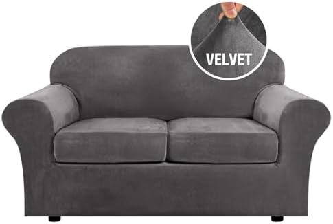 H.VERSAILTEX Real Velvet Plush 3 Piece Stretch Sofa Covers Couch Covers for 2 Cushion Couch Loveseat Covers Width Up to 72 Inch Feature Thick Soft Stay in Place (Medium Sofa, Grey) by HVERSAILTEX