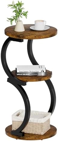 Small Side Table, 3-Tier Round End Table for Small Spaces, Rustic Brown by JUSTOGO