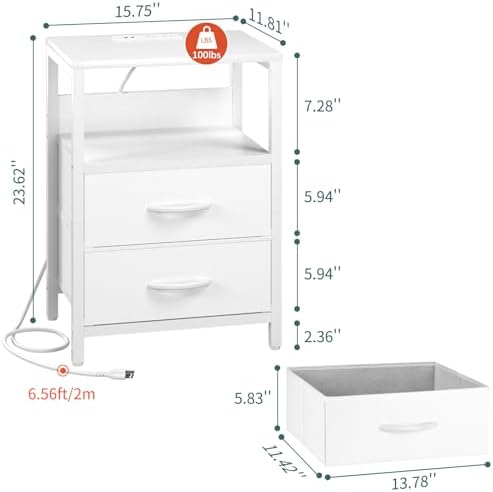 Yoobure Nightstand with Charging Station, Small Night Stand with Fabric Drawers and Storage Shelf for Bedrooms, Nightstands for Small Spaces, Bedside Table with USB Ports & Outlets, Bed Side Table - Image 3