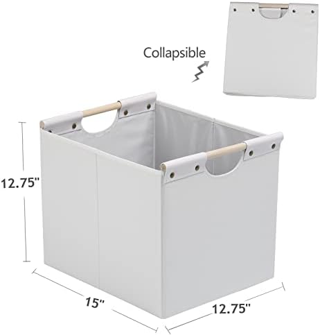 HOONEX Large Collapsible Storage Bins, Linen Fabric, Pack of 2, Storage Baskets with Wooden Carry Handles and Sturdy Heavy Cardboard, for Home, Office, Car, Nursery, White - Image 7