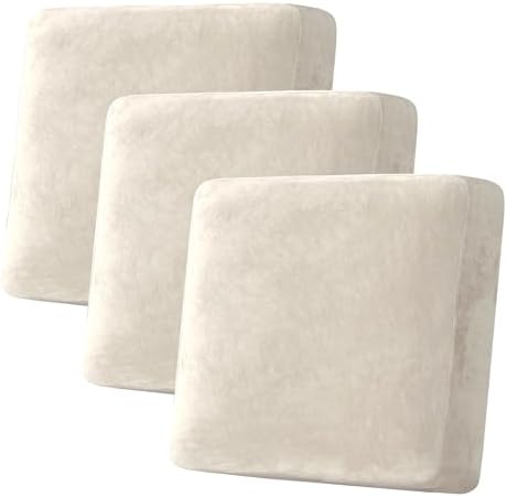 H.VERSAILTEX Velvet Stretch Couch Cushion Cover Plush Cushion Slipcover for Chair Loveseat Sofa Cushion Furniture Protector Seat Cushion Sofa Cover (3 Piece XL Sofa Cushion Covers, Ivory) by HVERSAILTEX