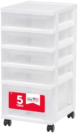 IRIS USA 5-Drawer Rolling Storage Cart with Organizer Top, White/Clear by IRISUSA