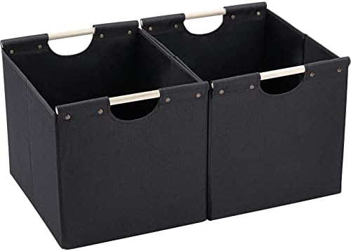 HOONEX Large Collapsible Storage Bins, Linen Fabric, Pack of 2, Storage Baskets with Wooden Carry Handles and Sturdy Heavy Cardboard, for Home, Office, Car, Nursery, Black by HOONEX
