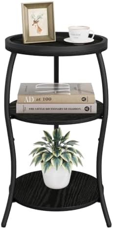 YINMIT 3 Tier Small Round Side Table, Black Compact End Table with Tray Top by YINMIT