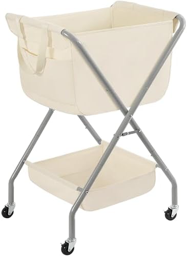 STORAGE MANIAC Collapsible Laundry Cart with Wheels 35.6"H Removable Canvas Bag Rolling Laundry Hamper Clothes Basket with Wheels, Sturdy Steel Frame Folding for Small Narrow Space Easy Storage, Beige by STORAGEMANIAC