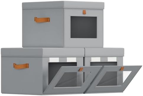 Homsorout Storage Bins with Lid – Closet Organizer with Side Opening and Clear Window, Foldable Stackable Fabric Basket for Clothes, Home, Office - 13.77" x 11.8" x 9.8", 3 Pack, Grey by Homsorout