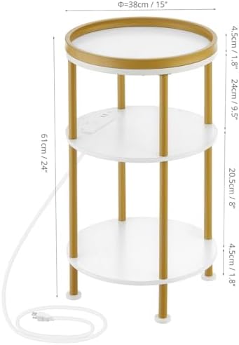 Small Round End Table with Charging Station, 3-Tier Accent Couch Beside Table with USB Ports & Power Outlets, Sofa Side Table for Living Room Small Nightstand Bedroom (USB Charger, White+Gold) - Image 3