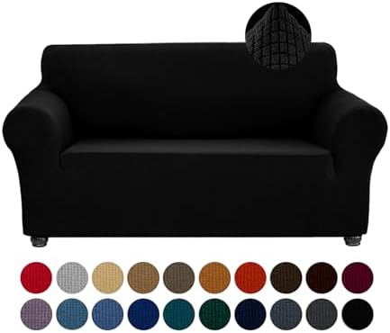 Joccun Stretch Loveseat Couch Cover Slipcover, 1-Piece Sofa Cover for 2 Cushion Couch Spandex Jacquard Washable Furniture Protector Cover for Living Room,Kids,Pets（Loveseat,Black） by Joccun