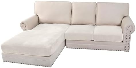 H.VERSAILTEX Velvet Stretch Sectional Couch Covers 3 Pieces Sofa Seat Cushion Covers L Shape Separate Cushion Couch Cover for Left/Right Sectional Couch(Large Sofa 2 Seater + 1 Chaise,Porcelain White) by HVERSAILTEX